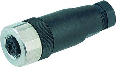 Ein schwarzer, zylindrischer Stecker mit metallener Sechskantmutter, geeignet für industrielle Verkabelungen.