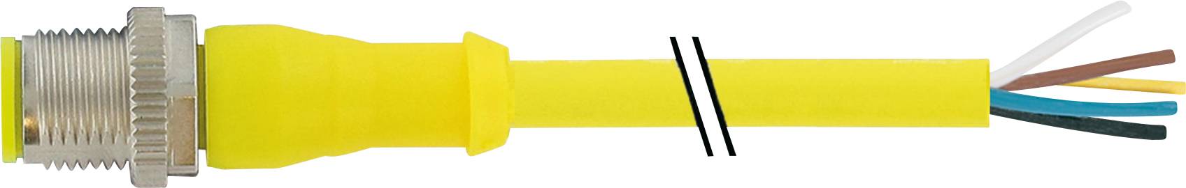 Gelbes Ethernet-Kabel mit Metallstecker auf der linken Seite und sichtbaren, farbcodierten Adern am rechten Ende.