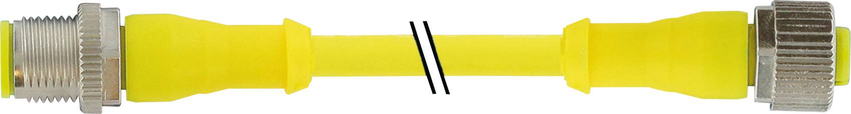 Gelbes flexibles Kabel mit silbernen Schraubanschlüssen an beiden Enden. Geeignet für Verbindungszwecke in technischen Anwendungen.