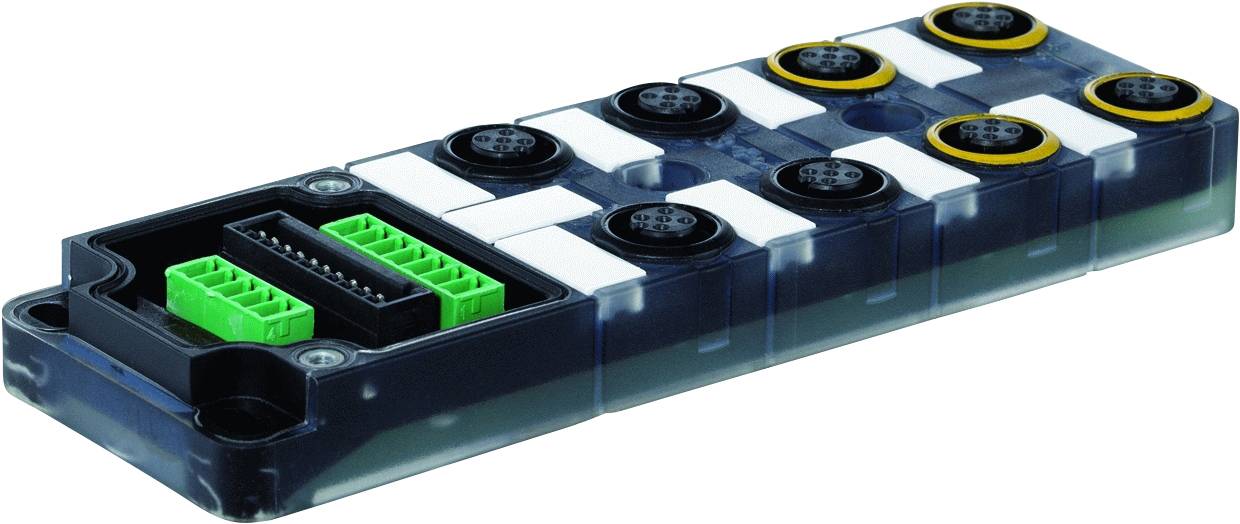 Elektronisches Modul mit mehreren Steckverbindungen und grünen Anschlussklemmen. Wird zur Steuerung und Verbindung von Systemen verwendet.