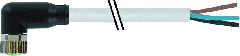 Ein gewinkelter elektrischer Stecker mit drei offenen Drähten in verschiedenen Farben, geeignet für elektrische Verbindungen.