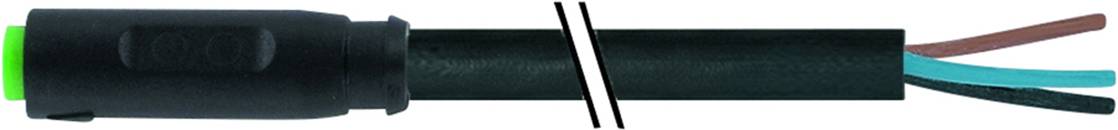 Ein durchgeschnittener schwarzer Kabelmantel zeigt drei unterschiedlich gefärbte Innenkabel in Braun, Blau und Grün.
