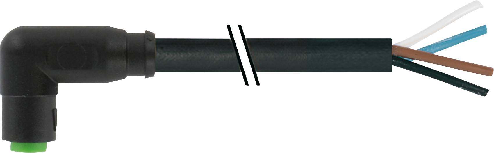 Ein schwarzes Kabel mit abisolierten, farbigen Drähten und einem rechtwinkligen Stecker.