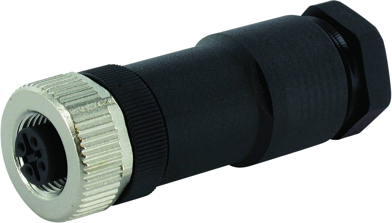 Steckverbinder mit rundem, metalischem äußeren Gehäuse. Geeignet für industrielle Anwendungen zur Verbindung von Leitungen.