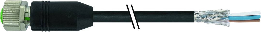 Ein schwarzes Kabel mit einem offenen Ende zeigt freiliegende Drähte in verschiedenen Farben und einen metallischen Abschirmmantel.