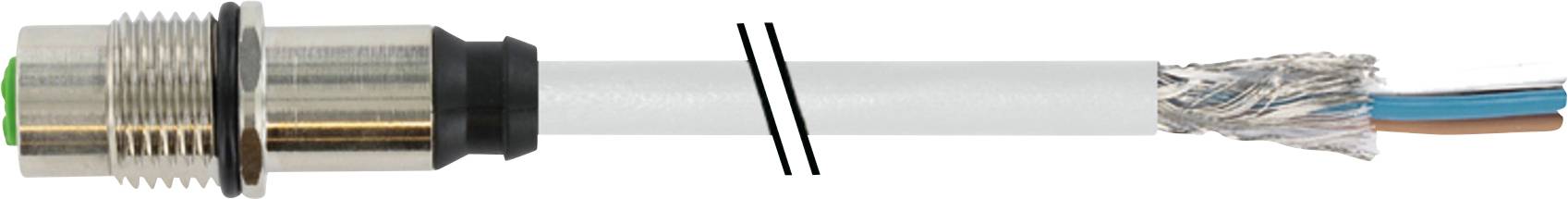 Metallischer Steckverbinder links, verbunden mit einem grau ummantelten Kabel mit freigelegtem Drahtgeflecht und bunten Kabeladern rechts.