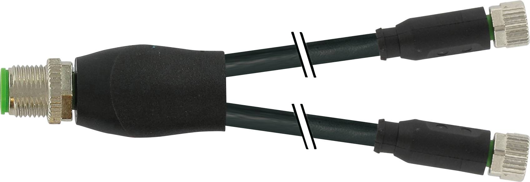 Ein schwarzer Y-Adapter mit einem Eingang auf der linken Seite und zwei Ausgängen auf der rechten Seite.