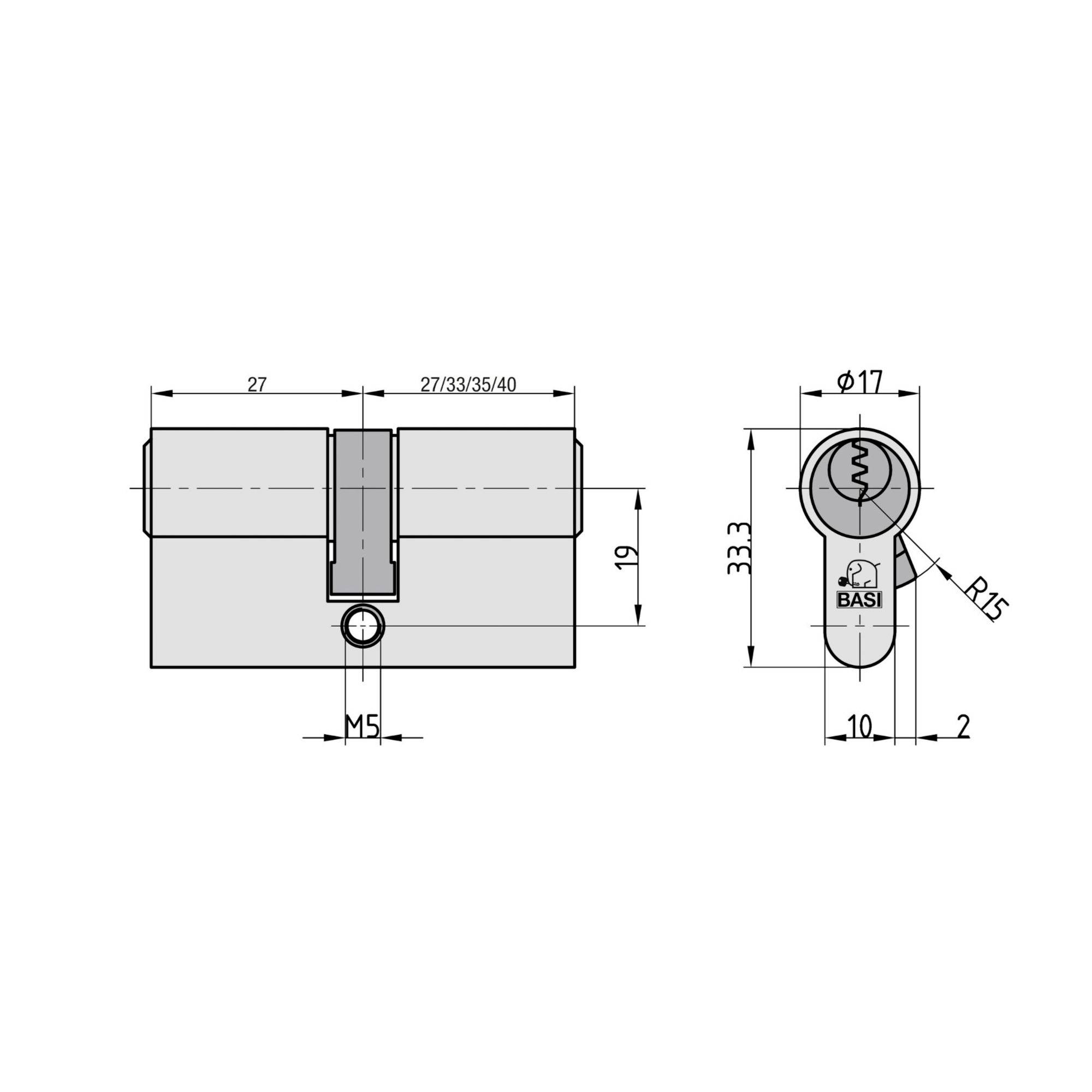 Technische Zeichnung eines Schließzylinders mit Maßen: 27/33/35/40 mm Länge, 33,3 mm Breite, 17 mm Durchmesser, M5 und R15 angegeben.