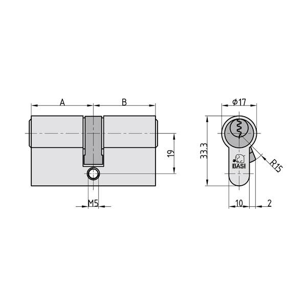 Technische Zeichnung eines Sicherheitszylinders mit Maßen und Schnittansicht. Maße: A, B, M5, Durchmesser 17, R15, Höhe 333.