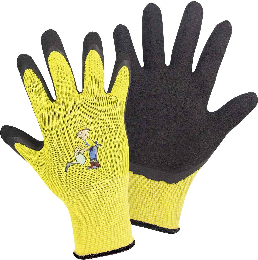 Gelbe Gartenhandschuhe mit schwarzer Handfläche, ein Cartoon-Charakter gießt eine Pflanze. Ideal für Gartenarbeiten.