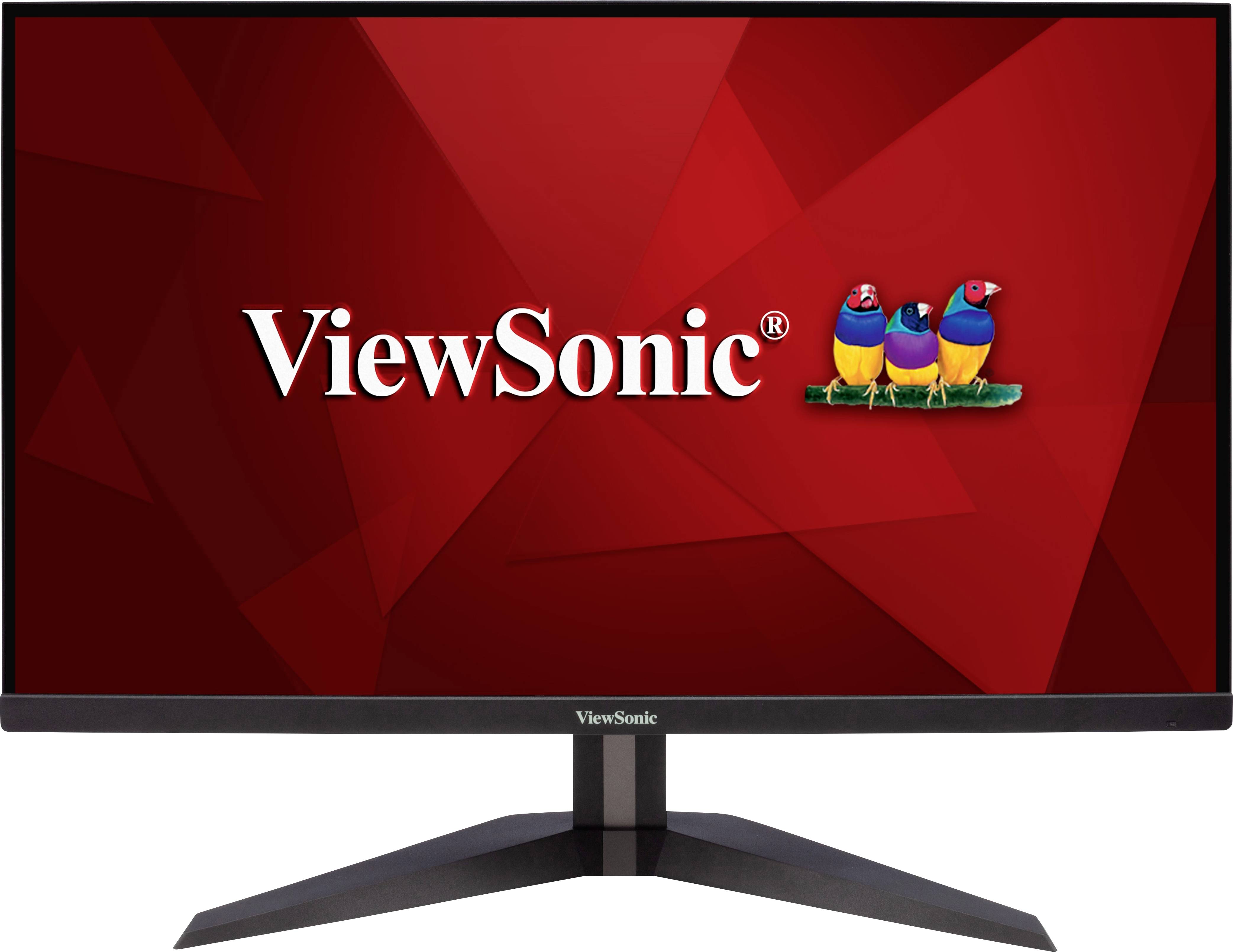 Ein Computermonitor mit schwarzem Rahmen zeigt das Logo 'ViewSonic' und drei bunte Vögel vor einem roten Hintergrund.