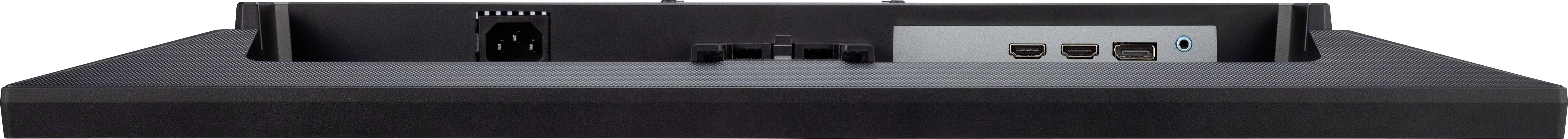 Ein Bildschirmanschlussfeld mit mehreren Anschlüssen: Stromanschluss links, zwei HDMI-Anschlüsse rechts.