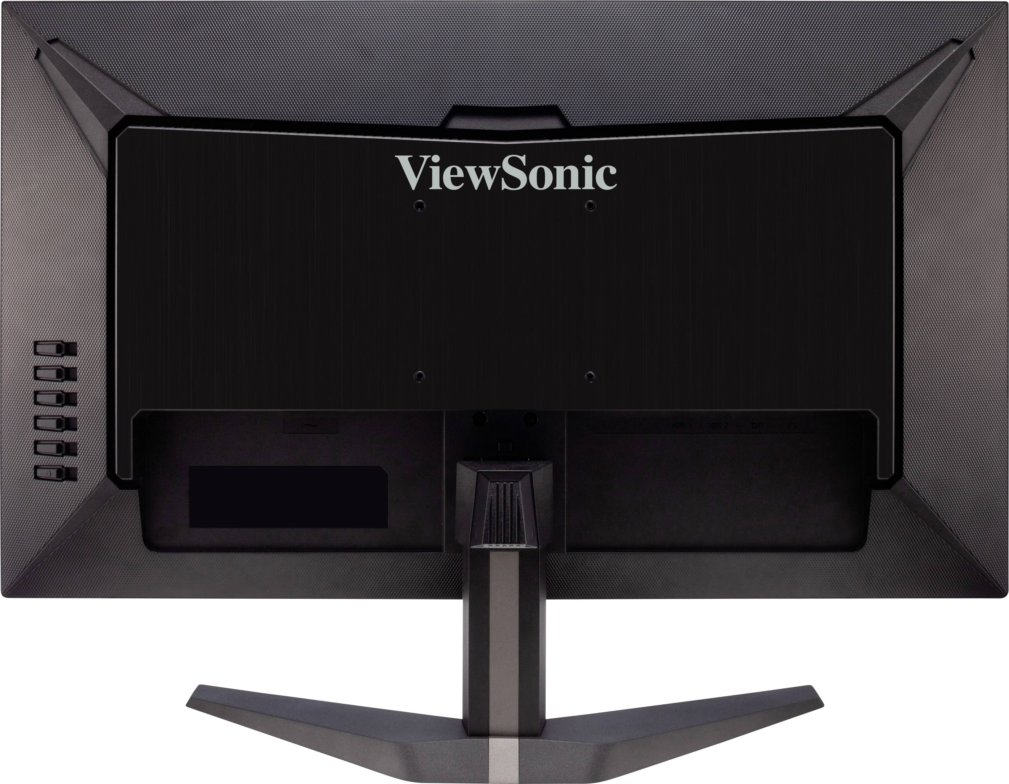 Rückansicht eines ViewSonic-Monitors mit Standfuß. Zeigt Anschlussmöglichkeiten und das Logo auf dem Gehäuse.