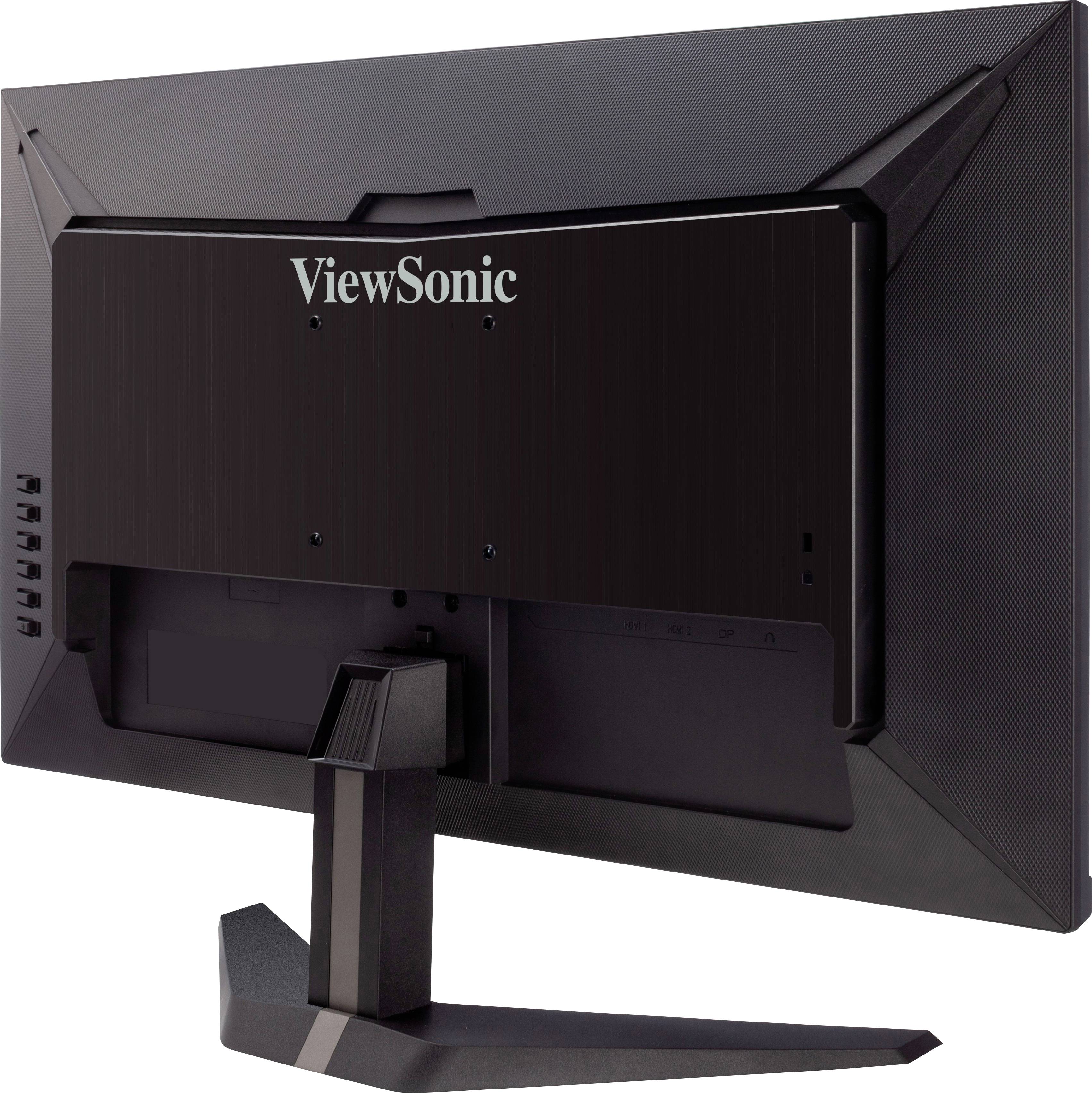Ein schwarzer Computerbildschirm der Marke ViewSonic, von hinten betrachtet, zeigt den stabilen Standfuß und die schlanke Bauweise.