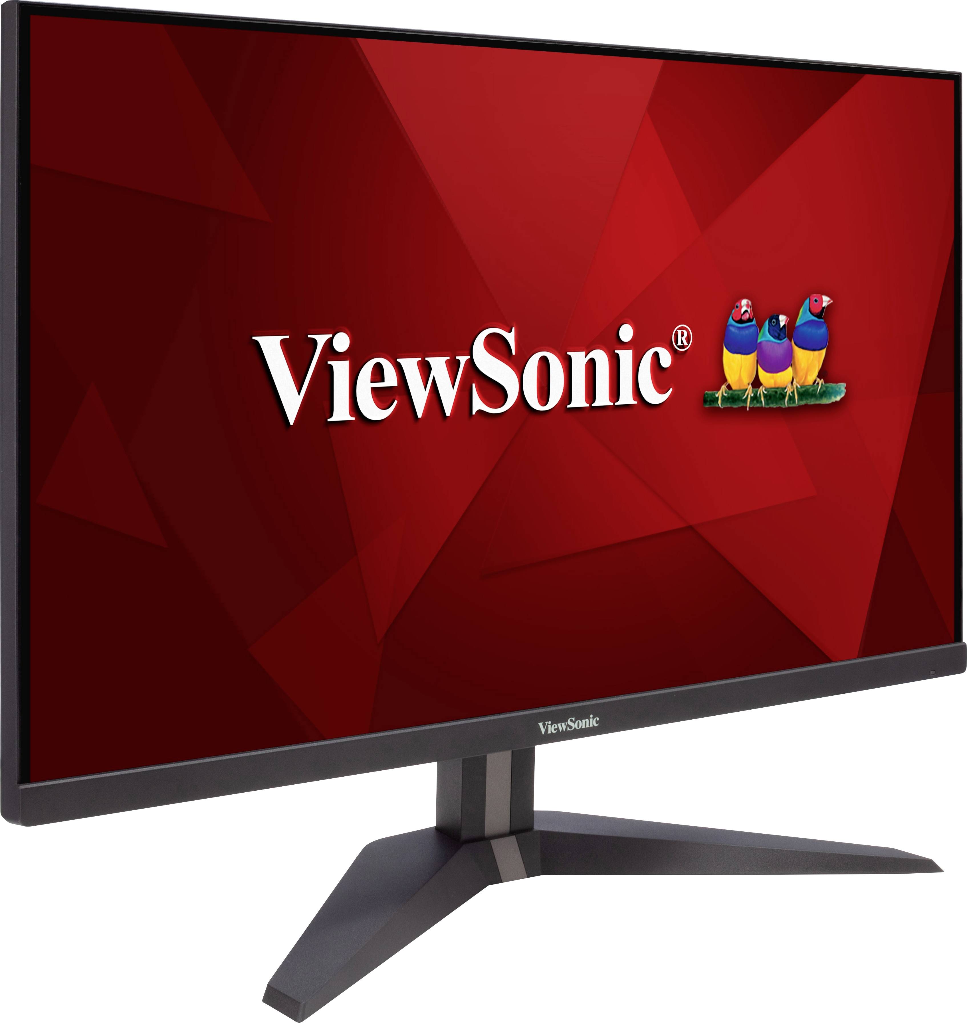 Ein Computermonitor der Marke 'ViewSonic' mit rotem Hintergrund und dem Logo von drei bunten Vögeln.