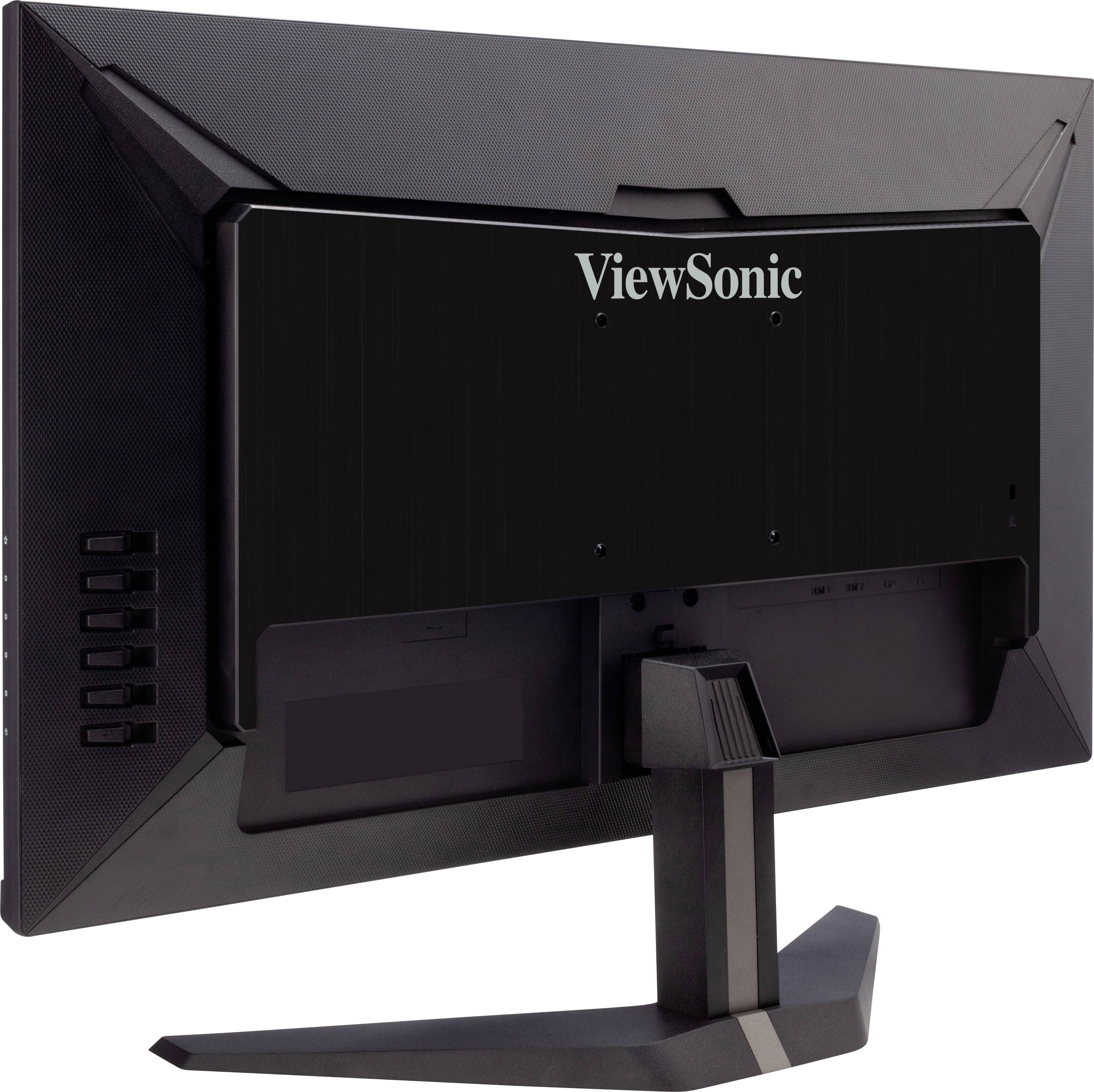 Ein schwarzer Computerbildschirm der Marke ViewSonic, von hinten gezeigt, auf einem modernen, stabilen Standfuß montiert.