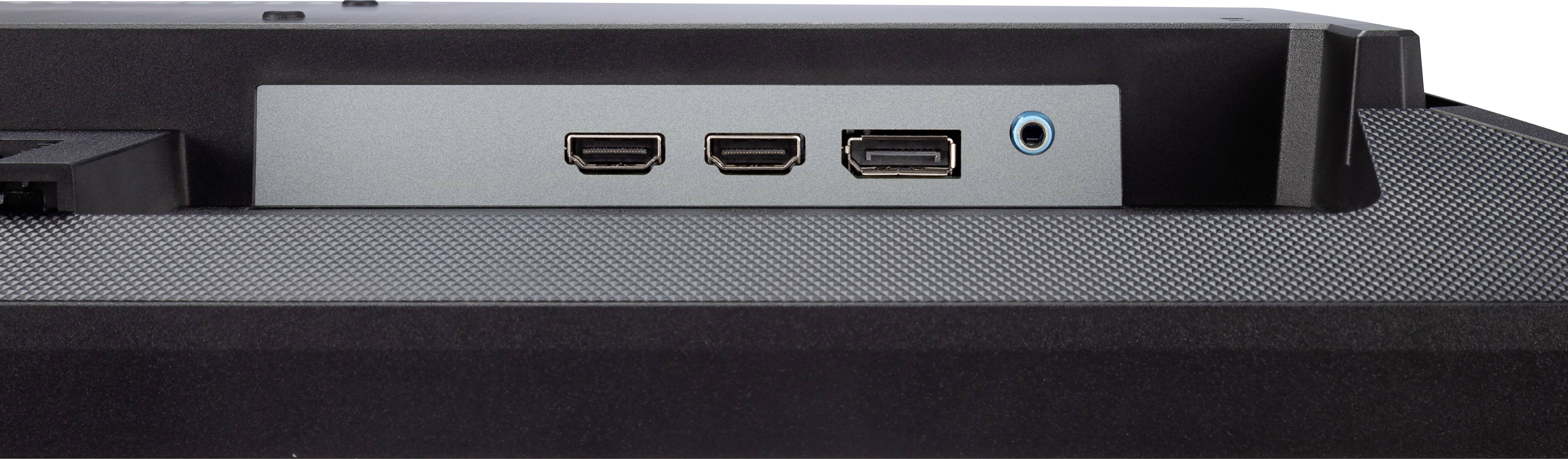 Rückseite eines Monitors mit drei Anschlüssen: zwei HDMI- und ein DisplayPort, sowie ein Audioklinkenanschluss.