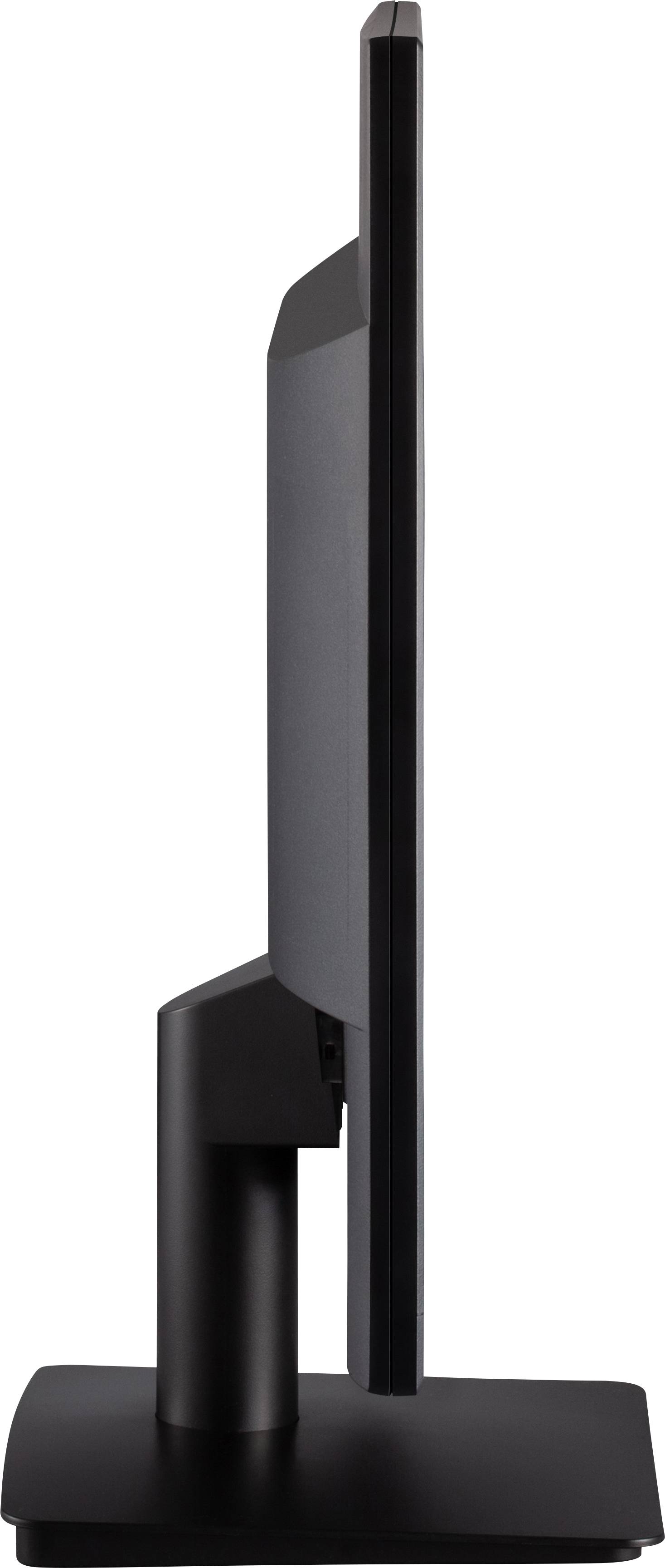 Ein schwarzer Computermonitor von der Seite gezeigt. Der Bildschirm ist dünn und auf einem rechteckigen Standfuß montiert.