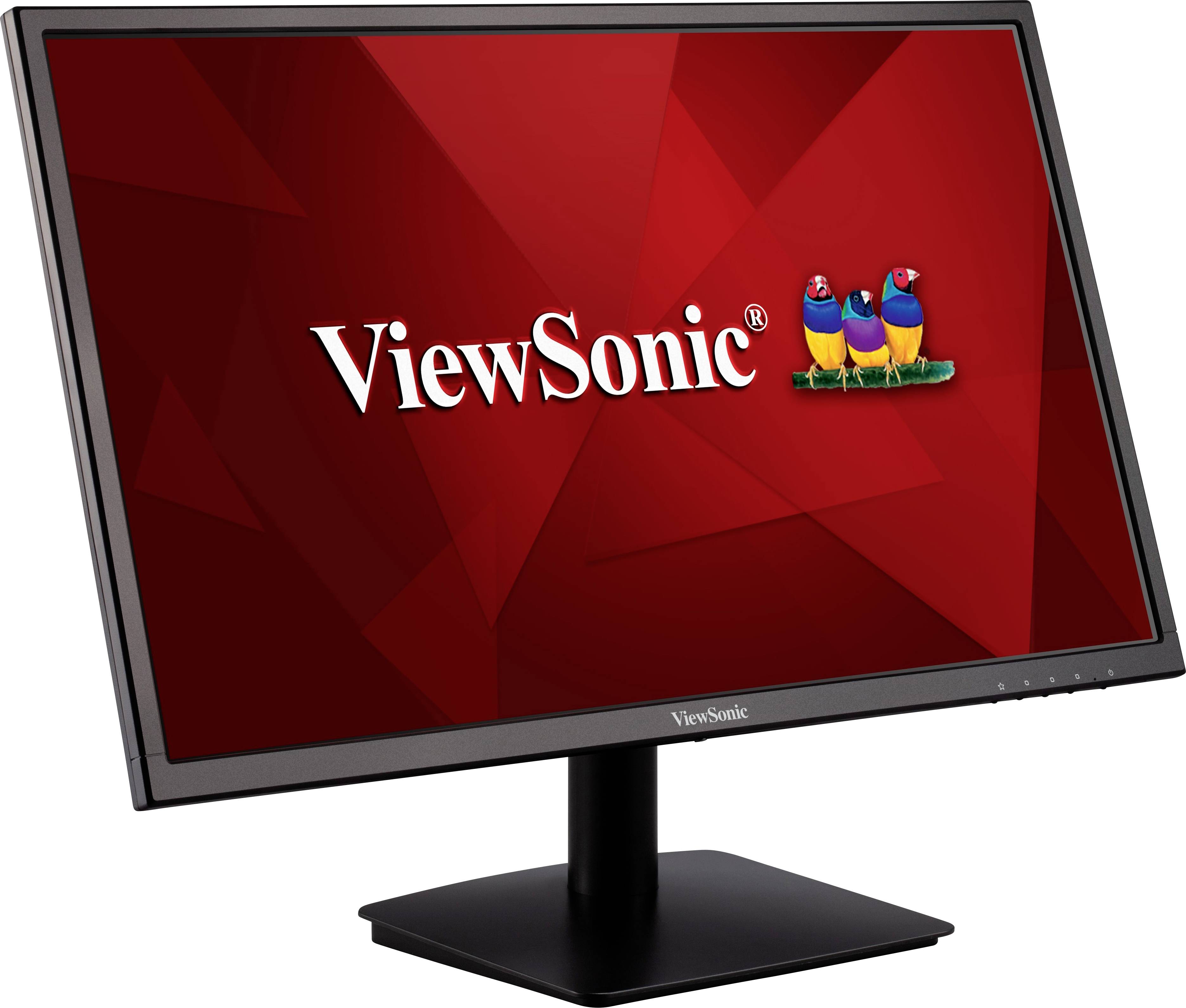 Ein schwarzer Computermonitor mit einem roten Bildschirmhintergrund zeigt das 'ViewSonic' Logo und drei bunte Vögel rechts daneben.