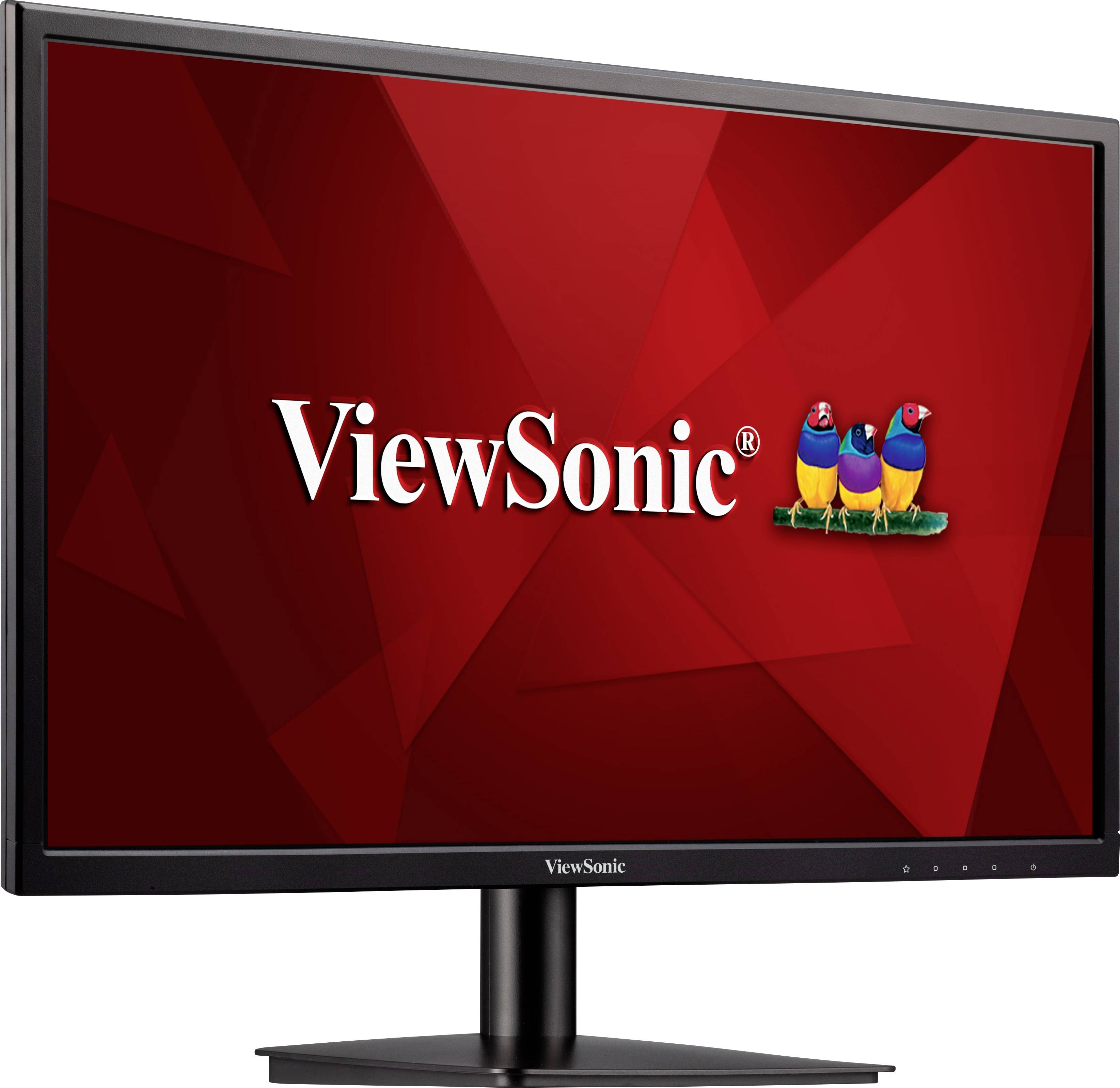 Ein Computermonitor mit einem roten Hintergrund. Das ViewSonic-Logo ist prominent in der Mitte des Bildschirms platziert.