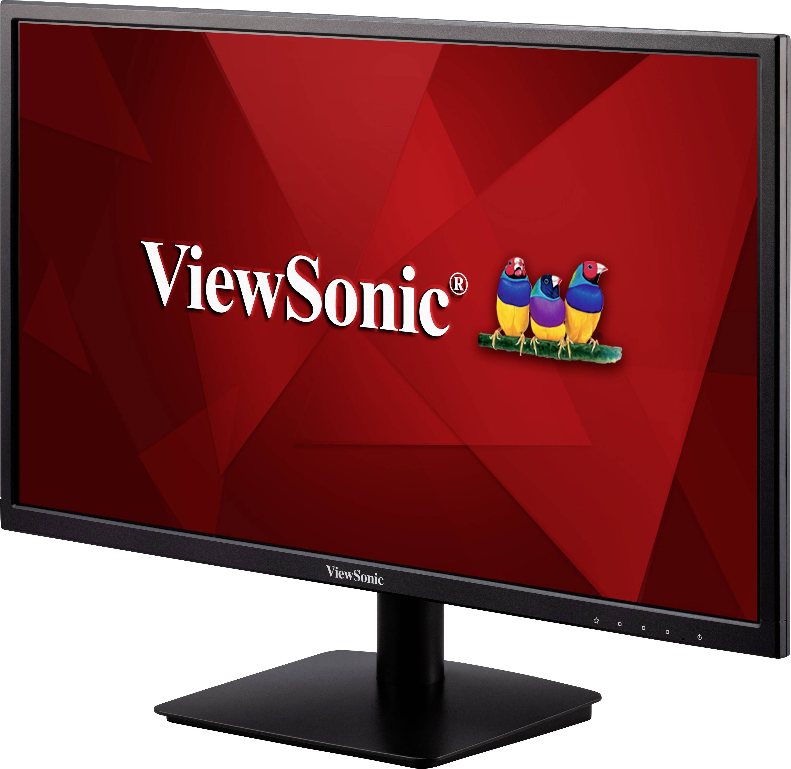 Ein Computermonitor mit einem roten Hintergrund zeigt das Logo der Marke 'ViewSonic' und drei bunte Vögel.