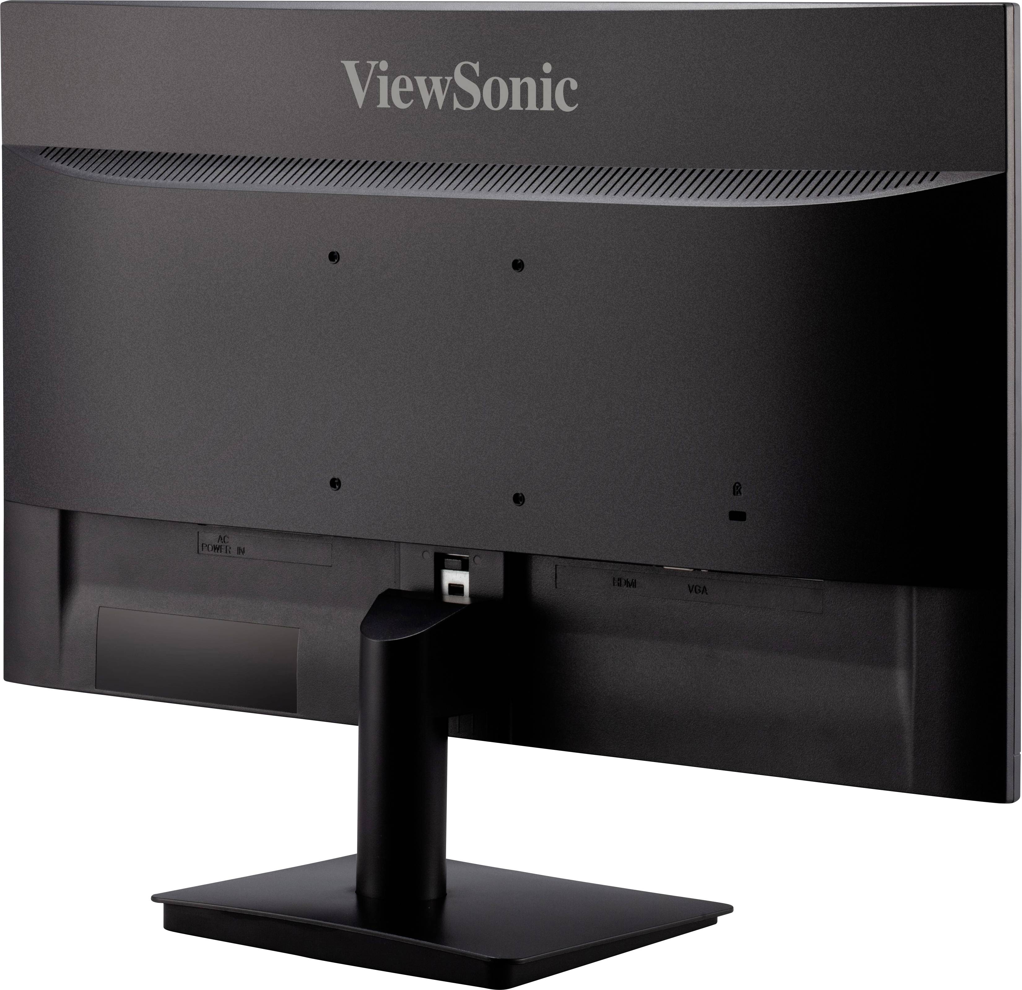 Ein schwarzer ViewSonic-Flachbildschirm-Monitor von hinten, mit rechteckigem Standfuß, ohne sichtbare Anschlüsse oder Kabel.