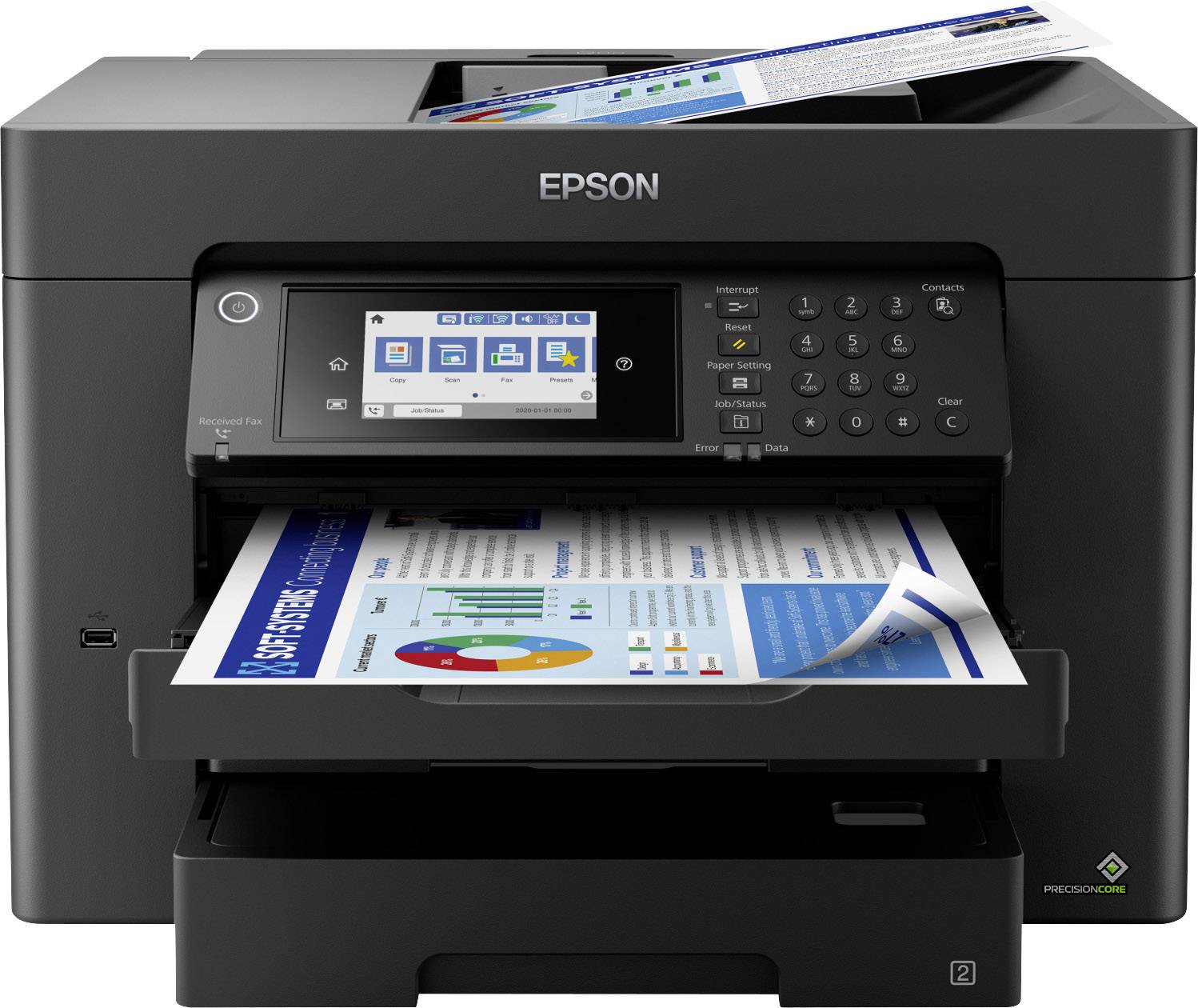 Ein Epson-Drucker druckt ein Papierdokument aus. Das Dokument zeigt Diagramme und Text. Ein weiteres Blatt liegt oben im Gerät.