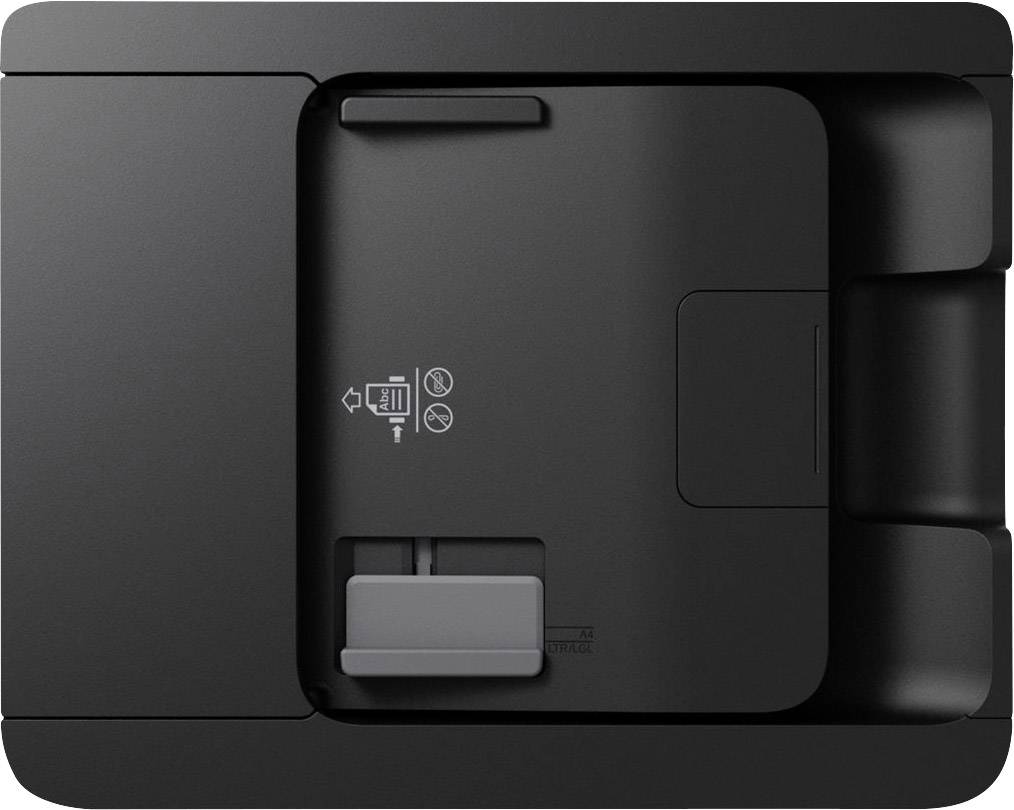 Schwarzes elektronisches Gerät mit Symbolen auf der Oberfläche, die Anschluss- und Warnhinweise darstellen.