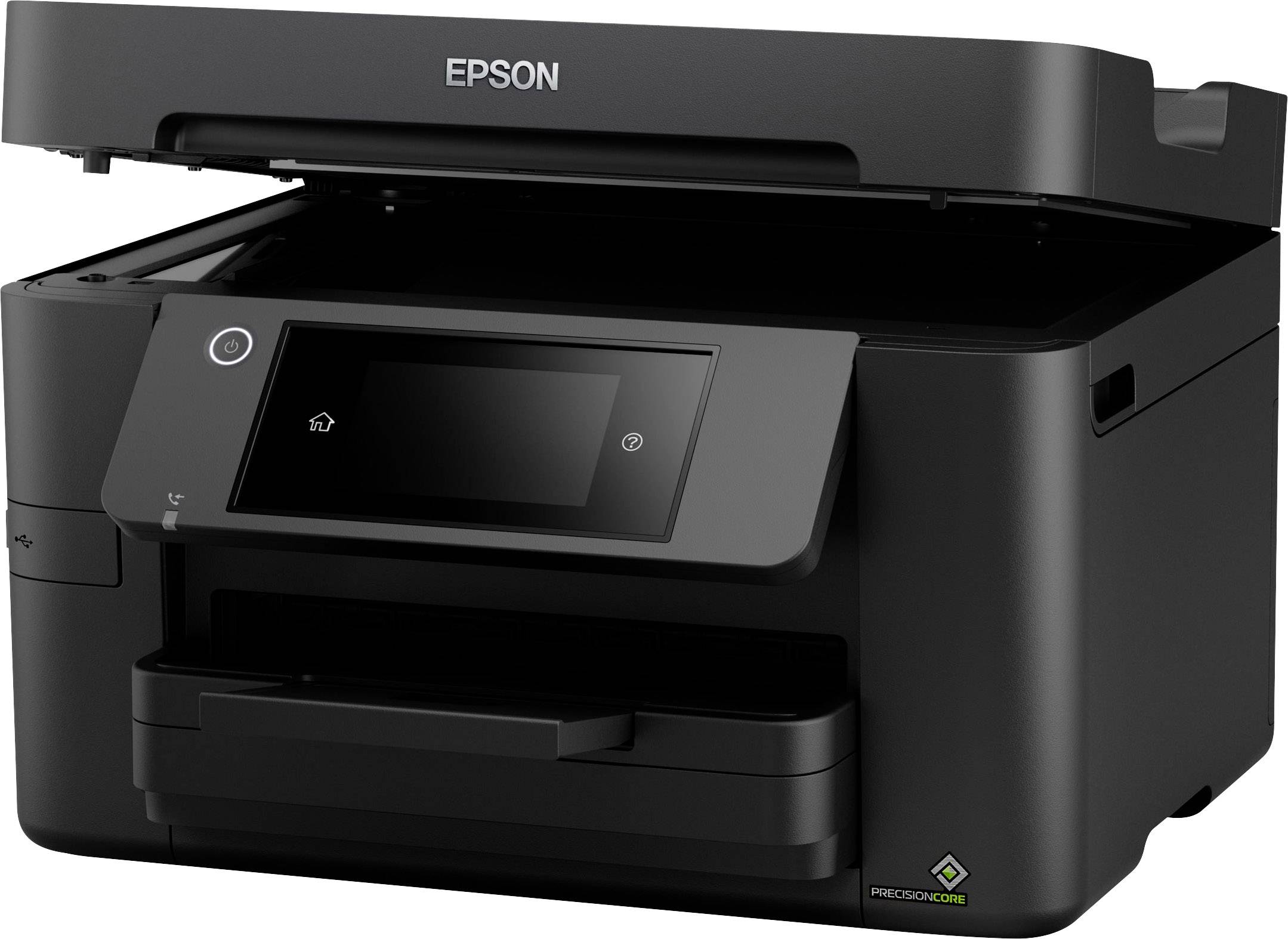 Ein schwarzer Epson-Drucker mit offenem Scannerdeckel, großem Touchscreen-Display und mehreren Papierfächern, bereit für den Einsatz.