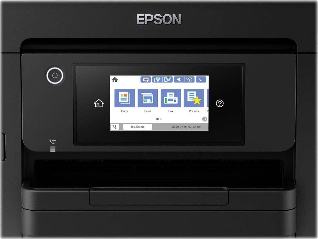 Der Drucker von vorne zeigt ein Display mit Symbolen für Kopieren, Scannen, Faxen und Druckeinstellungen. Oben steht 'EPSON'.