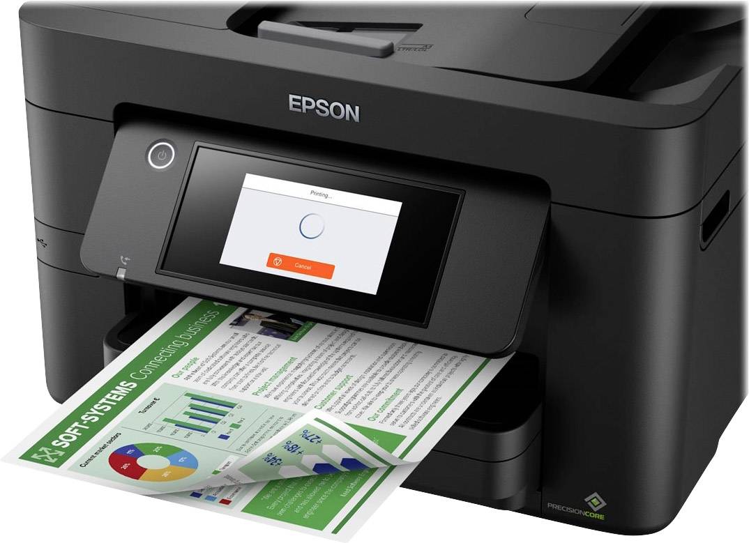 Ein schwarzer Drucker druckt ein farbiges Dokument mit Diagrammen und Text. Der Drucker hat ein Display mit einer Ladeanzeige.