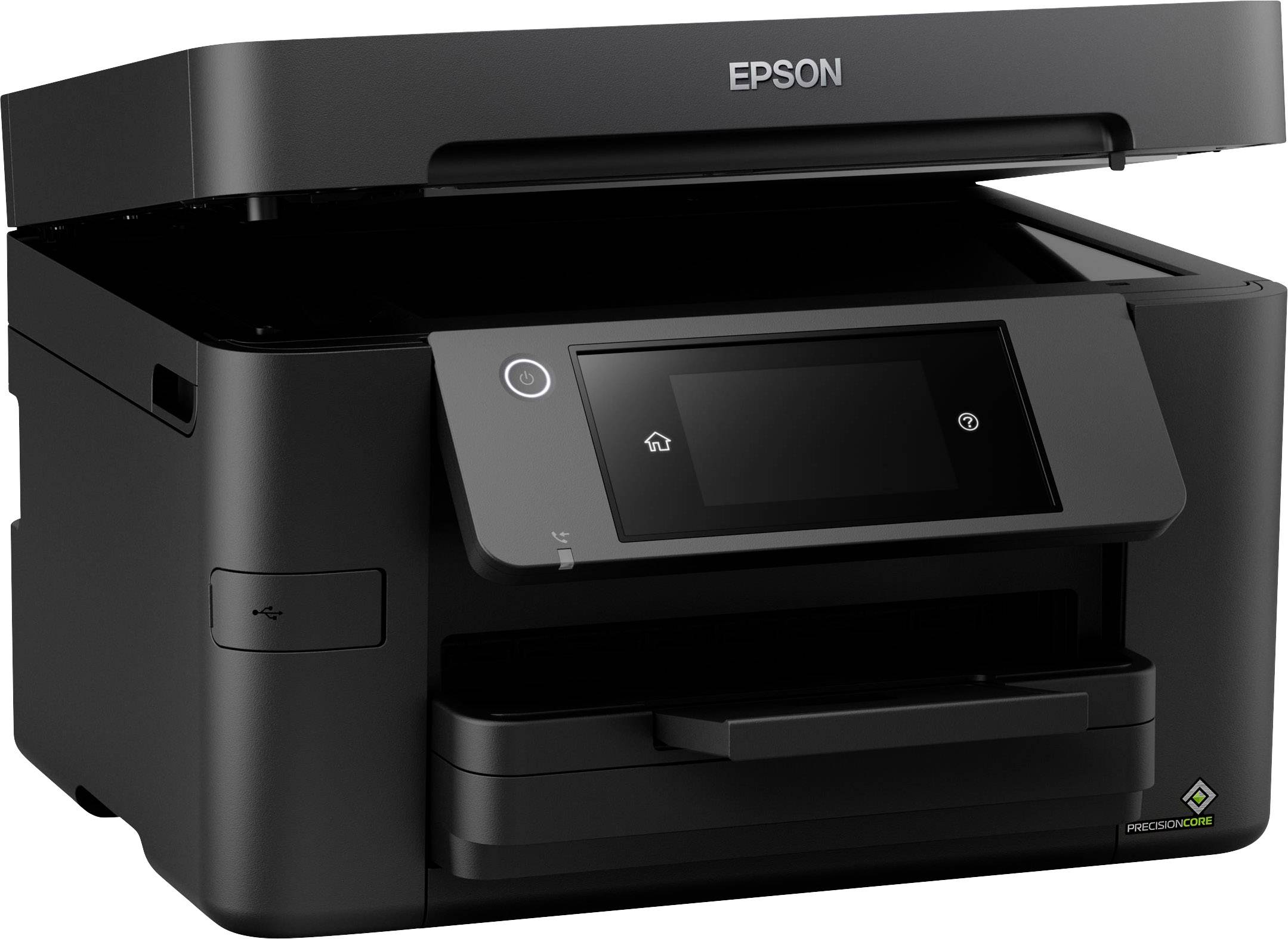 Ein schwarzer Epson Multidrucker mit offenem Deckel. Der Drucker verfügt über ein Touchscreen-Bedienfeld und sieht modern aus.