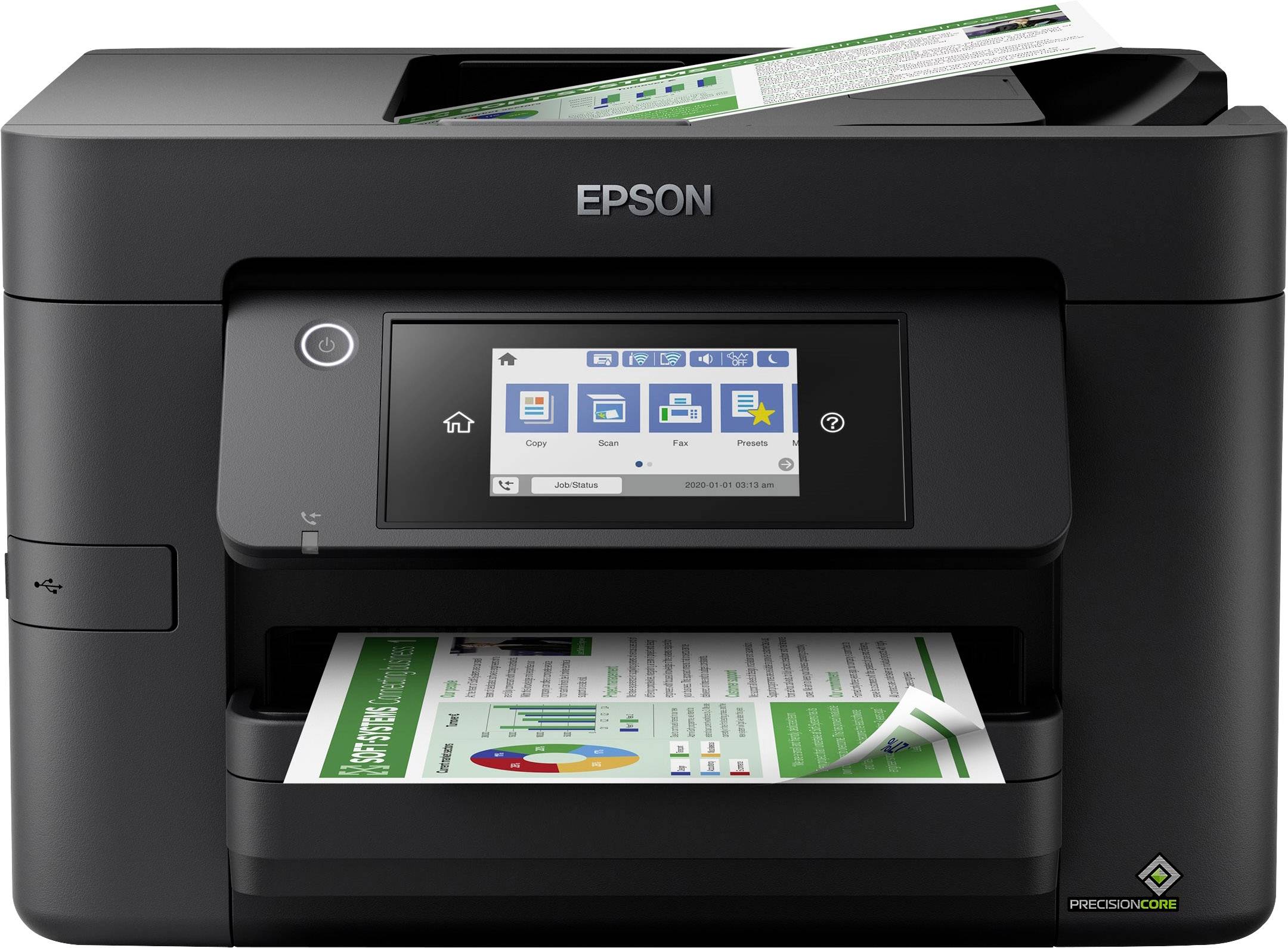 Ein schwarzer Epson-Drucker mit Touchscreen liegt ein bedrucktes Blatt im Ausgabefach. Ein weiteres Blatt ist im oberen Einzug.