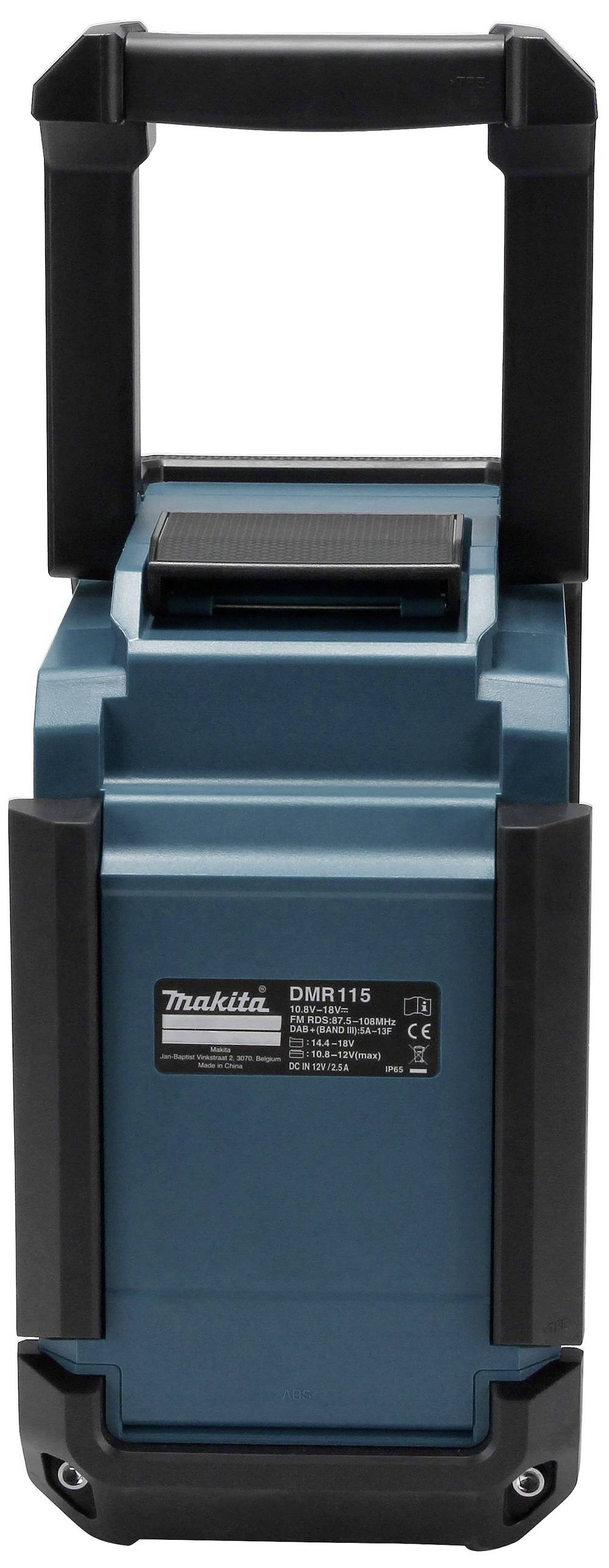 Baustellenradio mit robustem Gehäuse und Tragegriff, Modellnummer DMR115, in blau-schwarzer Farbgebung.