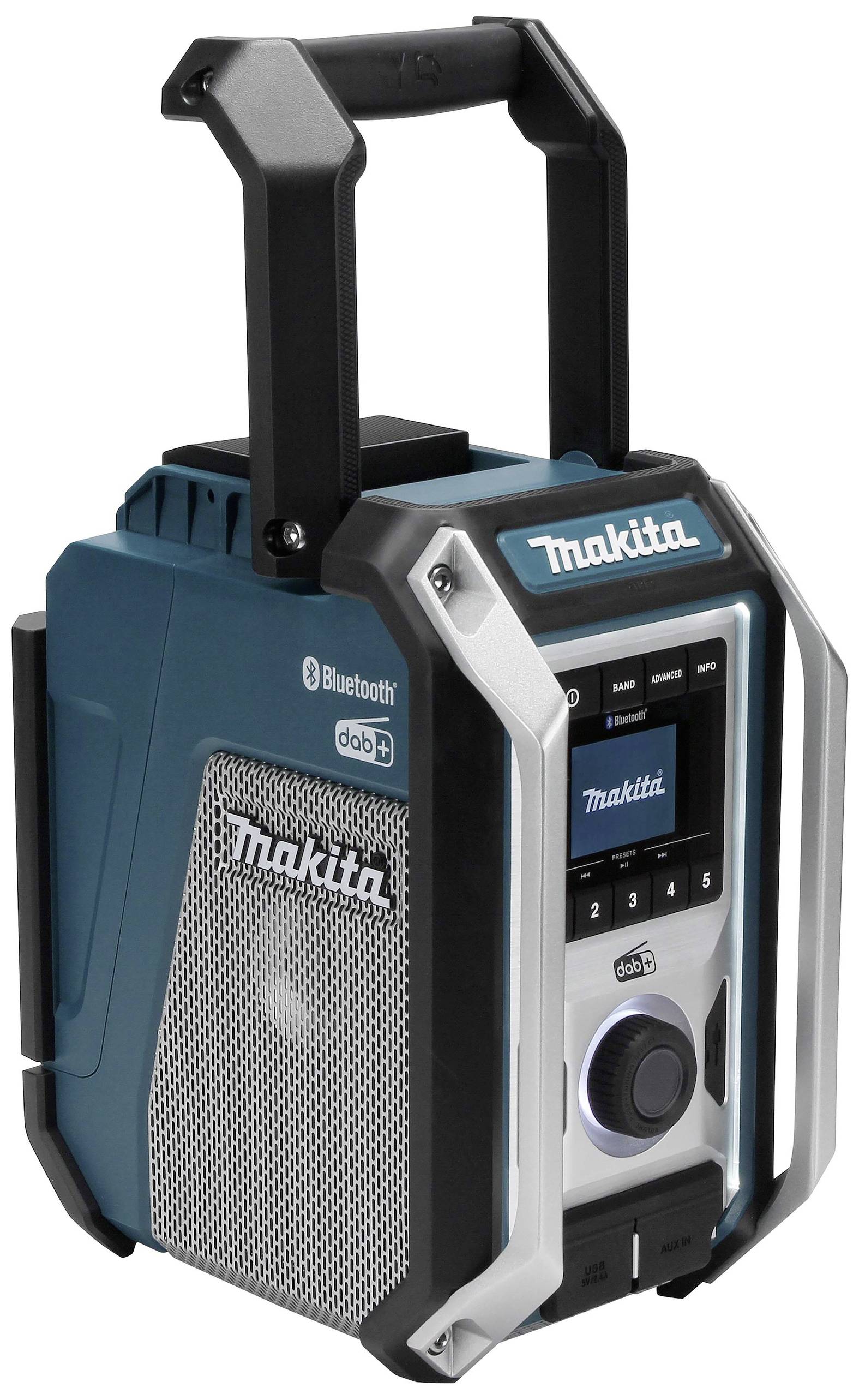 Makita Baustellenradio DAB, DAB+ AUX, Bluetooth®, USB spritzwassergeschützt, stoßfest Türkis, Schwarz, Silber
