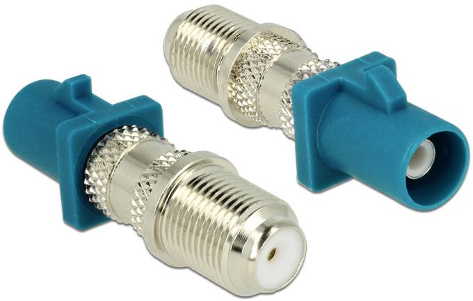 Zwei Koaxial-Steckverbinder, einer mit blauem Kunststoffgehäuse.  Der rechte Winkel dient zur Verbindungsanpassung.