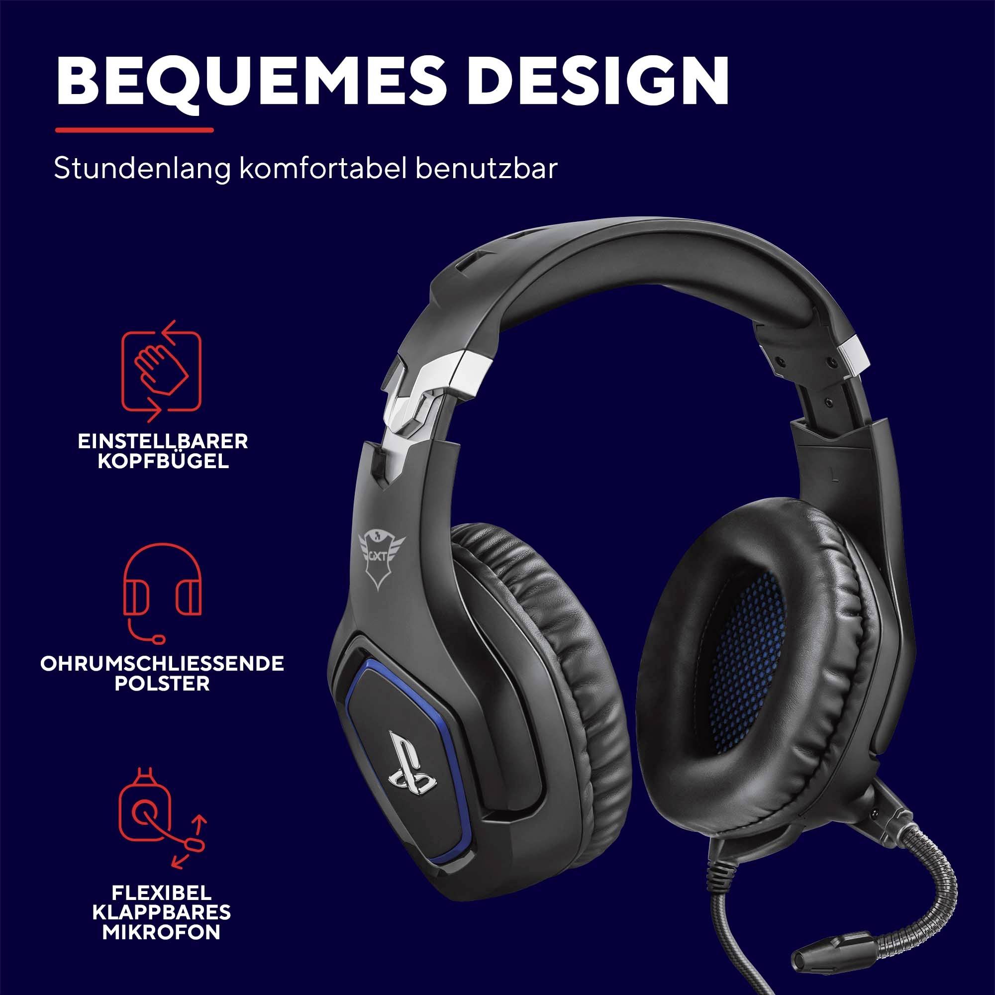 Schwarzes Gaming-Headset mit Mikrofon, verstellbarem Kopfbügel und ohrumschließenden Polstern, geeignet für stundenlanges Tragen.