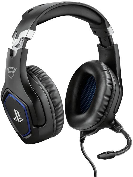 Ein schwarzes Gaming-Headset mit blauen Akzenten und abnehmbaren Mikrofon, geeignet für Konsolen und PCs.
