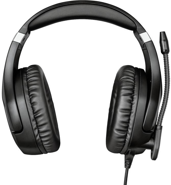 Schwarze Over-Ear-Kopfhörer mit gepolstertem Bügel und Ohrmuscheln. Ein Mikrofonarm ist an der rechten Seite angebracht.