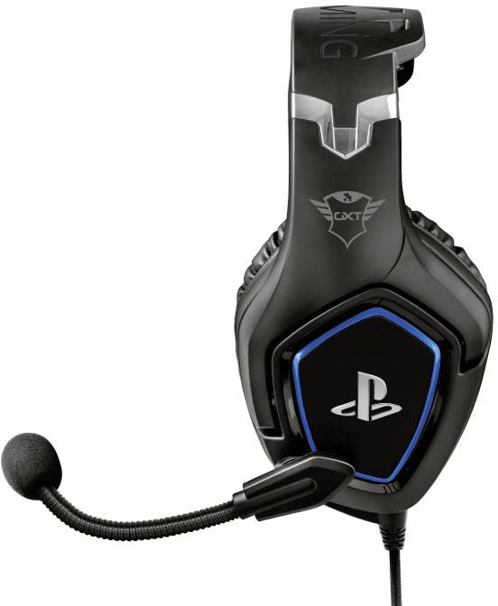Ein schwarzes Gaming-Headset mit Mikrofon und PlayStation-Logo. Es hat ein modernes Design und ist für den Einsatz bei Videospielen gedacht.