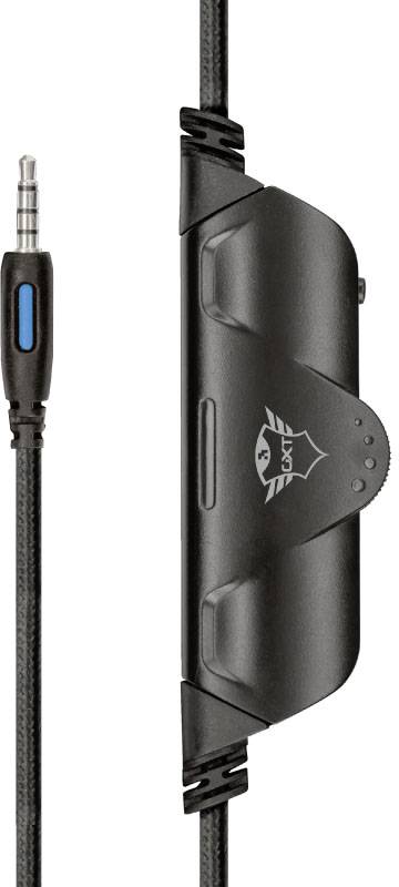 Ein schwarz-graues Kabel mit einem Bedienteil in der Mitte, das ein Daumenrad und ein Logo zeigt. Links ist ein Audio-Klinkenstecker sichtbar.
