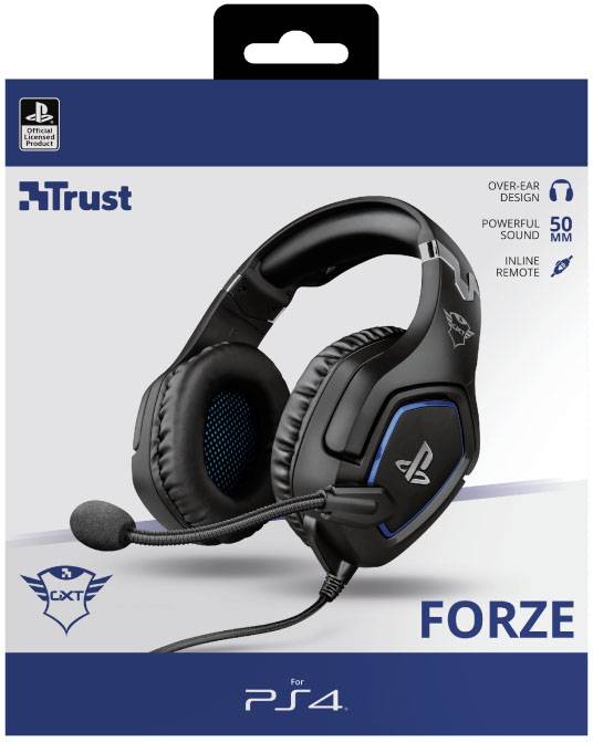Gaming-Headset-Verpackung für PS4 von Trust, Modell 'Forze', mit Over-Ear-Design, Mikrofon und Inline-Fernbedienung, schwarz.