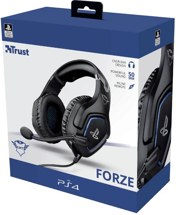 Gaming-Headset-Schachtel mit Mikrofon, blau-schwarzes Design, markiert für PS4. Marke 'Trust', hervorgehoben: 'Powerful Sound 50 mm'.