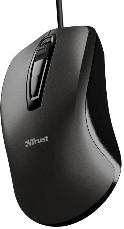 Schwarze kabelgebundene Computermaus mit ergonomischem Design, Markierung 'Trust' auf der Oberfläche.