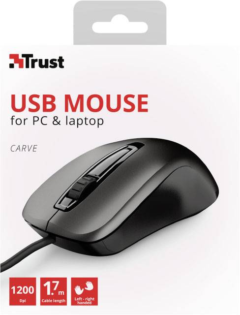 Verpackung eines schwarzen USB-Mausmodells 'Carve' der Marke Trust, geeignet für PC und Laptop. Details: 1200 DPI, 1,7 m Kabel.