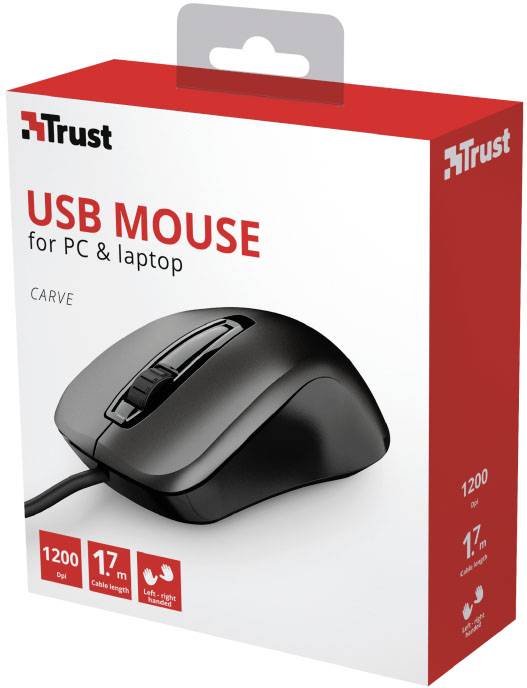 Verpackung einer USB-Maus der Marke Trust mit Bildern der Maus und Spezifikationen: 1200 dpi, 1,7 m Kabel, für PC und Laptop.