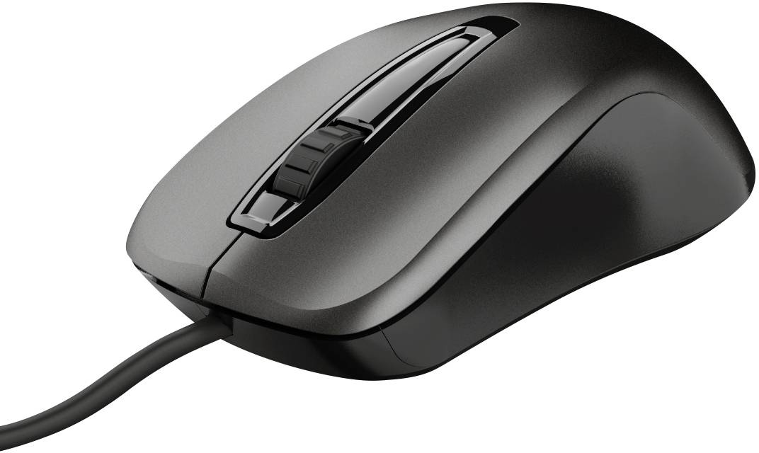 Schwarze, kabelgebundene Computermaus mit Scrollrad, liegt auf einer flachen Oberfläche. Geeignet für Desktop-PCs.