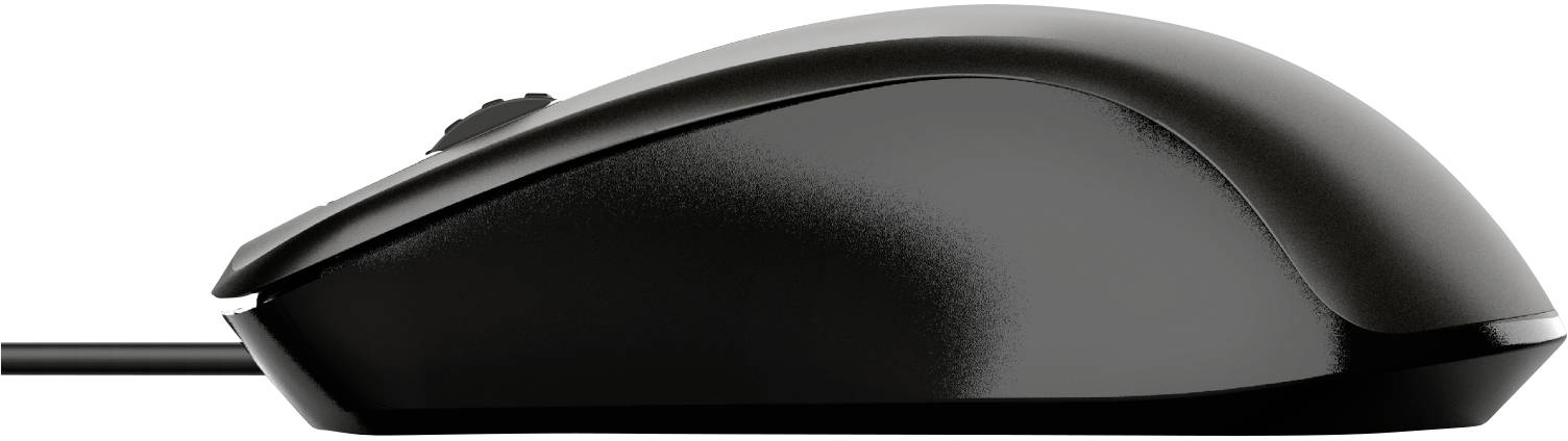 Eine schwarze Computermaus mit Kabel, seitlich betrachtet, zeigt Tasten und Scrollrad ohne weitere Bedienungselemente.