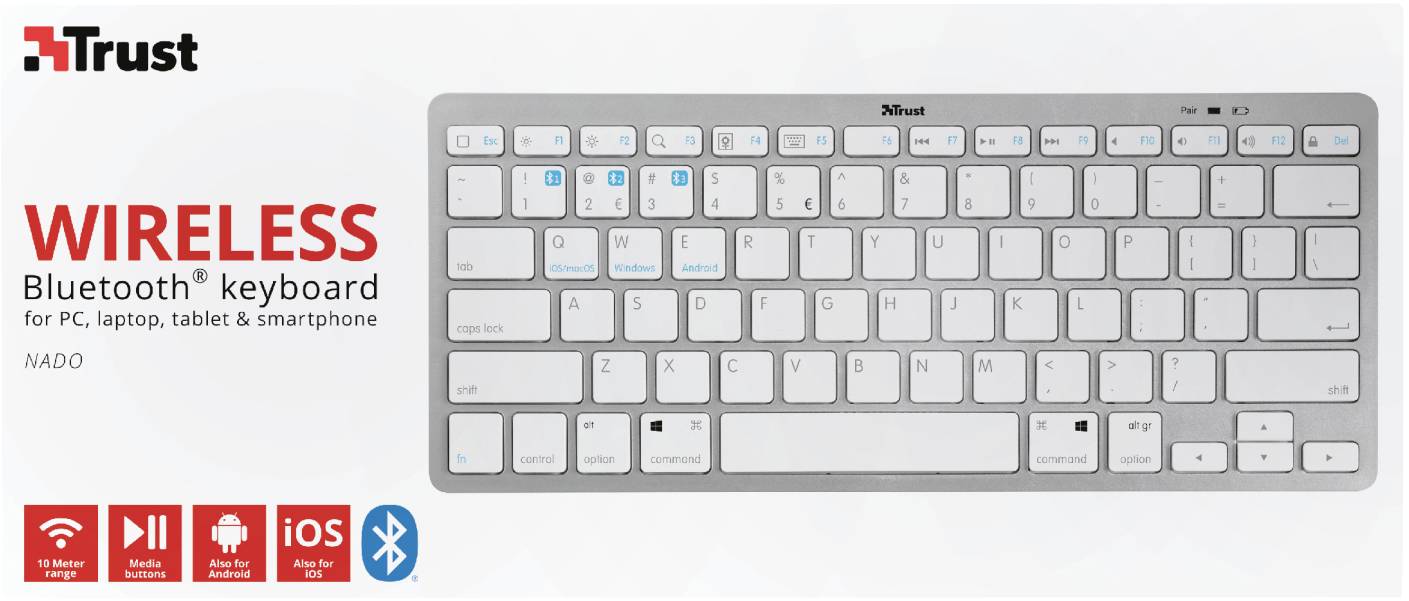 Trust NADO Bluetooth® Tastatur Deutsch, QWERTZ Weiß Multimediatasten