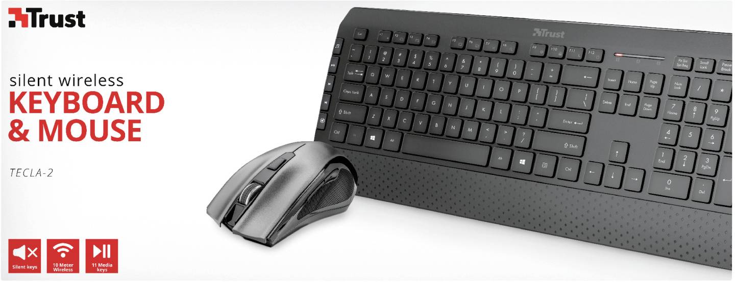 Trust TECLA-2 Kabellos, USB Tastatur, Maus-Set Ergonomisch, Multimediatasten Deutsch, QWERTZ Schwarz